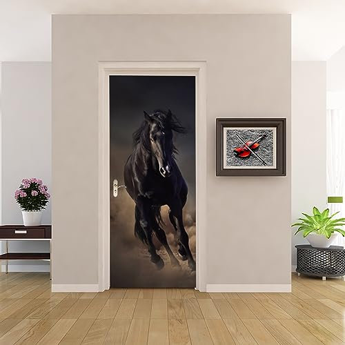 Sticker Porte Cheval noir Papier Peint pour Porte Stickers Trompe Loeil Papier Peint 3d Trompe L'oeil Poster de Porte L100 x H200cm