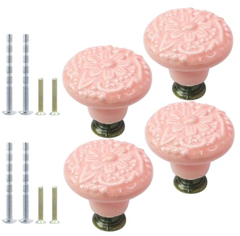 suiwotin Lot de 4 boutons de porte en céramique rose vintage pour placard de cuisine, commode, tiroir, placard, meuble