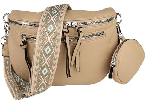 MIRROSI® Bauchtasche Damen, Veganleder 30x20x9cm, Umhängetasche, Brusttasche, Crossbody bag, Kunstleder leder, verstellbare Schulterriemen Bohemian Style (Dunkel Beige)