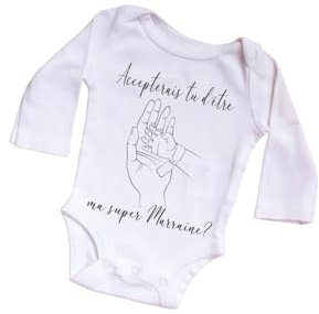 Body Bébé Blanc - Dessin Main de Marraine et Main de Bébé - Taille Unique Aléatoire (Manches Courtes ou Longues selon Stock) - Cadeau Annonce Grossesse pour Marraine
