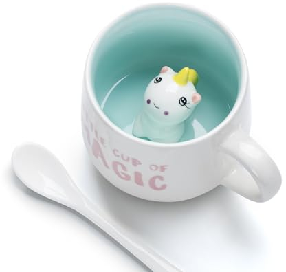 TELANKS Tasse licorne 3D - Cadeaux pour femmes - Avec cuillère et brosse à tasse - 350 ml - Tasse à café amusante - Cadeau amusant pour les amies et les épouses - Cadeau d'anniversaire (vert clair)