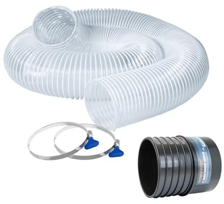 POWERTEC 10,2 cm x 3 m Staubsammelschlauch mit 2 Schlüssel-Schlauchschellen und Adapter für Tischsäge, Bandsäge, Hobel, Fugenfräse, Holzbearbeitung und Holzwerkstatt-Staubsammelsystem (70414)