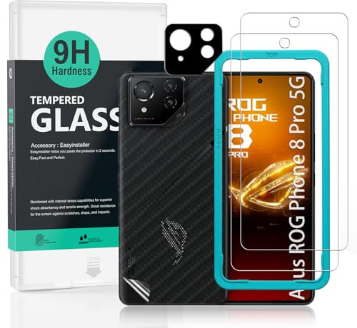 Ibywind 2 Piezas Protector Pantalla para Asus ROG Phone 8 Pro 5G 6.78+1 Pieza Protector Cámara+1 Pieza Protector Trasera Fibra Carbono,Dureza 9H Cristal Templado,Fácil de instalar