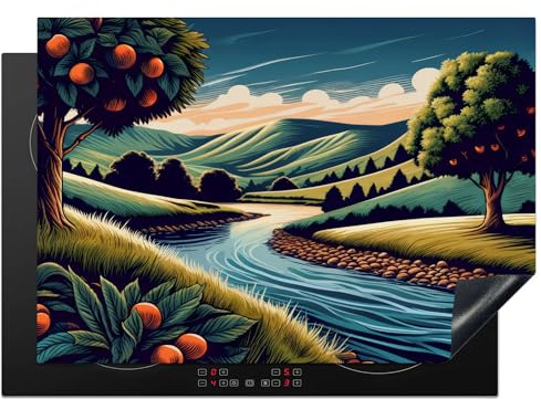 KitchenYeah© Protege Couvre Plaque De Cuisson Décoration Cuisine Tapis Protection Protecteur Induction 75x52 cm Rivière - Arbres - Nature - Montagnes