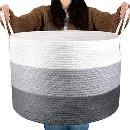 COSYLAND Panier à Linge 112L en Corde de Coton, Corbeille à Linge Sale avec Poignées 56x56x36cm, Bac de Rangement pour Vêtements, Jouets, Serviettes - Pour Chambre ou Salle de Bain - Gris