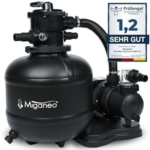 Miganeo Sandfilteranlage Dynamic 8000 Pro - Schwarz | 8.000 l/h | 370 mm Kessel | selbstsaugend