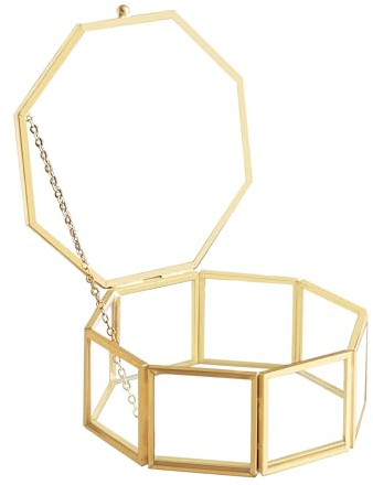 Sanllusit Joyero vintage de cristal, caja organizadora de joyas geométrica dorada, caja organizadora con tapa para decoración del hogar, caja decorativa para almacenamiento, anillos y pulseras (caja