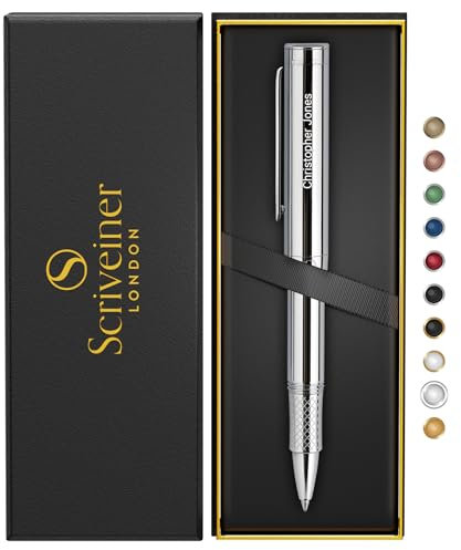 Scriveiner Personalised Silver Chrome Rollerball, Award Winning EDC Pen, Heavy Pocket Pen with Chrome Finish, Best Engraved Roller Ball Gift Set for Men & Women, Custom Name Engraving