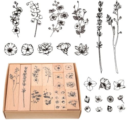 JINJUMEI 22 Stück Holz Stempel Set, Blumen und Pflanzen Motive, Dekorative Montierte Stempel für Scrapbooking, DIY Karten Machen