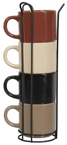HOME DECO FACTORY, KA0500, Set di 4 Tazze semplici con Supporto, Ceramica Resistente, Design Elegante e Pratico, Ideale per caffè e tè, Colori neutri, Misura Standard, Beige, Marrone, Nero, Bianco