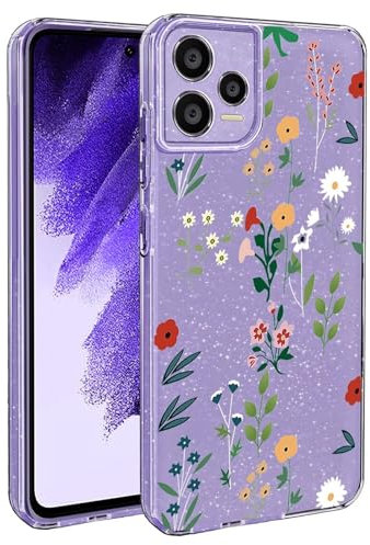 BEENTRYS Blumen Handyhülle für Xiaomi Redmi Note 12 Pro 5G,Glitzer Floral Aesthetic Design Frauen Mädchen Stoßfeste Weiche TPU Silikon Glitter Schutzhülle für Xiaomi Redmi Note 12 Pro 5G(S202-Lila)