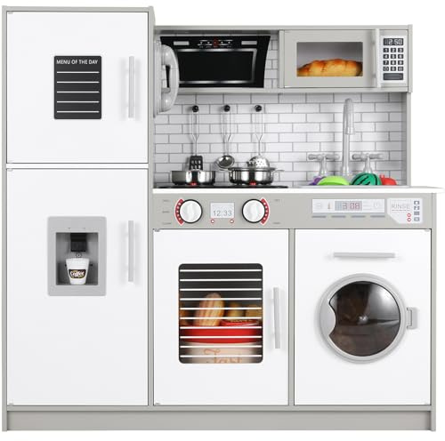 Clevich Kinderküche mit Waschmaschine, Spielküche für Kinderzimmer, Kita | MDF Spielzeugküche mit Eismaschine, Herd, Mikrowelle, Telefon, Sound Licht Spielküche 82x80x25 cm, Geburtstag, Grau