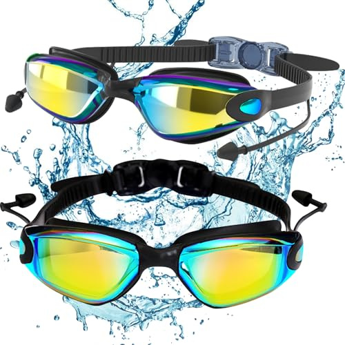 JSTHHTT 2Pcs Occhialini Nuoto Anti-Appannamento Unisex Adulto, Occhiali Da Nuoto, Protezione Uv, Ponte Nasale Autoregolabile, Tappi Per Orecchie Integrati, Nero