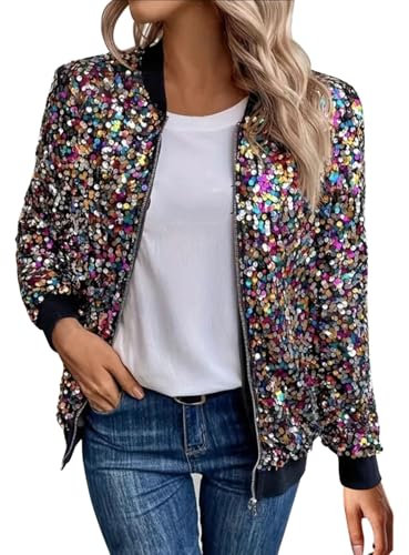 Pailletten Jacke Damen mit Reißverschluss Glitzer Bomberjacke Bolero Elegant Jacken Festliche Disco Kostüm Langarm Casual Pailettenjacke Slim Fit Winter Streetwear Top Glitzertop für Rave Party