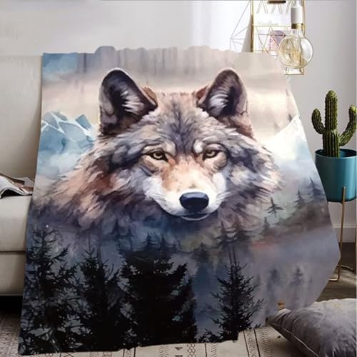 Wolfsmuster Decke 130x150cm,3D Wolf Kinder Flanelldecke Wilde Tier Muster Wohndecke bequem und atmungsaktiv Sofadecke,Camping für Erwachsene Kinder (B, 130x150cm)