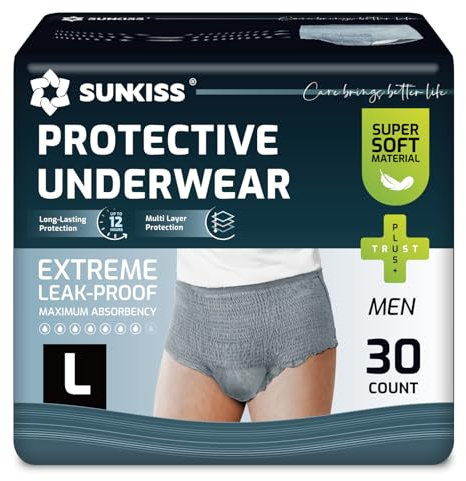 SUNKISS Inkontinenz Pants Männer, Tagsüber Einweg Erwachsenen Windelhosen, Herren Windeln mit Maximaler Saugfähigkeit, Grau, Größe L, 30 Stück 1er Pack