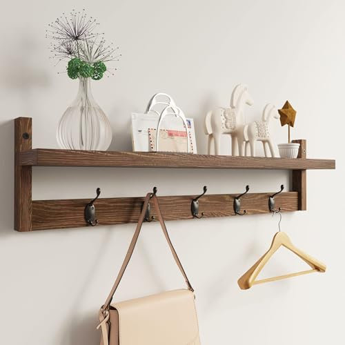 AMBIRD Wall Hooks with Shelf - 73.5cm Length Entryway Wall-Mounted Wooden Coat Hooks with Integrated Shelf - Coat Hook Rack with 5 Dual Hooks for Bathroom, Living Room, Bedroom (Brown)