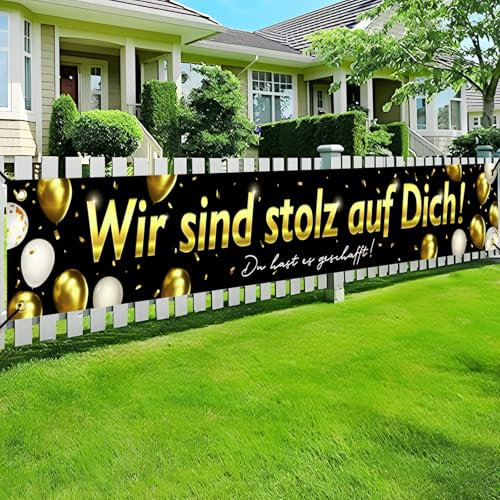 MEJOSER Abitur 2025 Abi Bachelor Graduation Deko Wir sind stolz auf Dich Banner 270x40cm Abschluss Prüfung Bestanden Gratulation Schulabschluss Geschenke Deko Schwarz Gold für Garten Draußen Wand