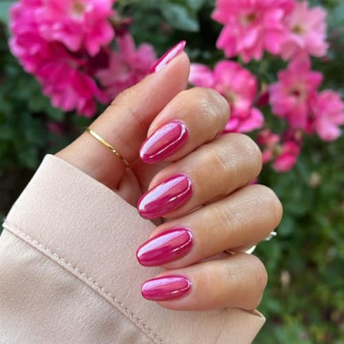 KQueenest Chrome Hot Pink Press on Nails Medium Glazed Glitter False Nails Almond Medium, Luxury Design Acrylic Fake Nails Set with Mirror Effect Stick on Nail for Women Finger Decoration 24 Pcs