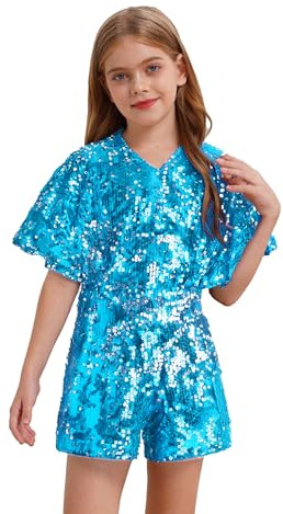 TiaoBug Jumpsuit Bambina Elegante Salopetta Corta da Cerimonia Matrimonio Damigella d'Onore con Paillettes Abito Formale da Principessa Sposa Nozze Partito Romper Tutina Azzurro 5-6 anni