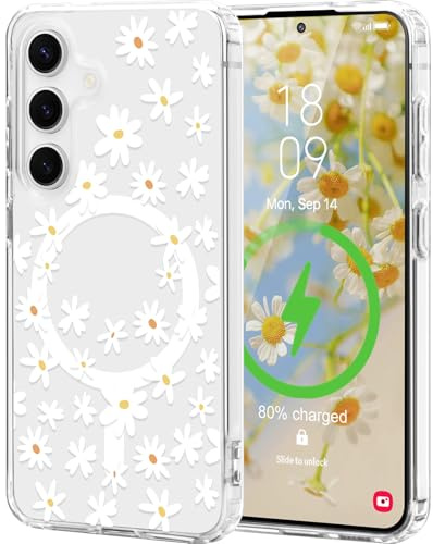 L-FADNUT Magnetisch Handyhülle für Samsung Galaxy S23 Hülle Kompatibel mit MagSafe, Transparent Blumen Muster Schutzhülle Hart PC Rückseite Dünne Stoßfest Case für Samsung S23, Weiß
