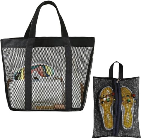 QINGZY Bolsa de Playa Grande, bolsa de malla para mujer y hombre, Bolso Plegable Ligero con Cremallera y Bolsa Zapatos para Viaje Piscina Gimnasio Vacaciones Compras