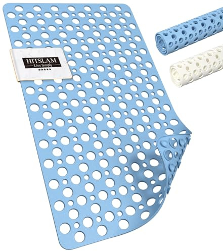HITSLAM Alfombra de Bañera Antideslizante, 75 x 43 cm Alfombra Ducha Antideslizante Libre de BPA, Resistentes al Moho & Lavables a máquina Alfombra de baño, Drenaje eficiente y fácil de Limpiar, Azul