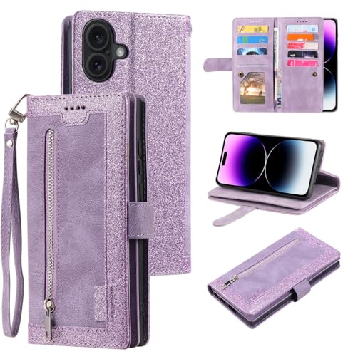 EYZUTAK Wallet Phone Case for iPhone 17, Retro Matte 9 Card Holder Slots Zipper Pocket Case PU Leather Magnetic Closure Kickstand with Wrist Strap Folio Flip Cover - Purple