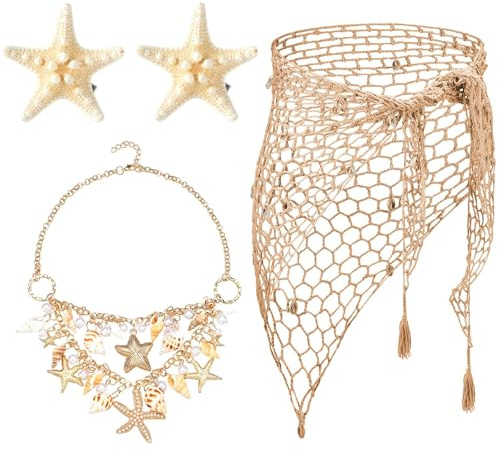 CHONGQILAO 4 Stück Damen Meerjungfrau Kostüm Set, Damen Häkelrock Strand Schal, Muschel Halskette Seestern Haarspange, Muschelkette, Meerjungfrau Gehäkelter Strandrock für Karneval Halloween Cosplay