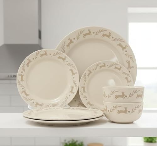 New Stunning Stoneware Bunny 12-Piece Dinner Set – Includes Dinner Plates, Side Plates & Cereal Bowls – Hand-Painted Style, Dishwasher & Microwave Safe -D76