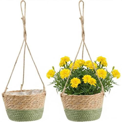 2 pièce Suspendu Panier Tissé, Suspendu Paniers de Fleurs Tissés, Panier de Jardinière Suspendu, Pot de Fleurs Tissé Intérieur Extérieur, Avec Doublure en Plastique, pour Maison Salon et Chambre