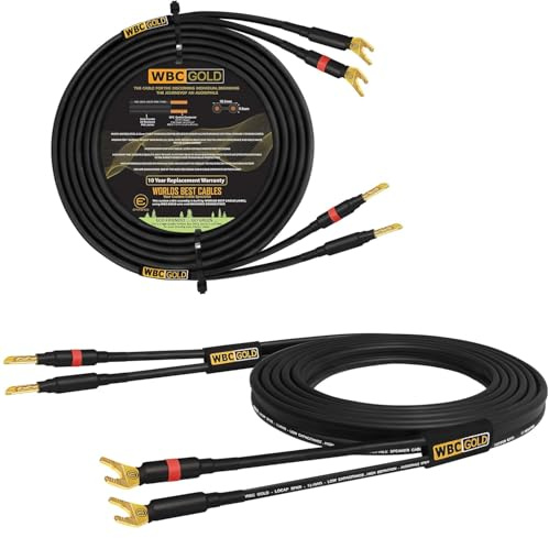 WORLDS BEST CABLES 2.5 Metre WBC-GOLD-LOCAP-SPKR-10 AWG - Low-Capacitance - Low-Inductance - High Purity OFC - Audiophile HiFi Speaker Cable Pair with Eminence Gold Banana (x2) & Spade (x2) Plugs
