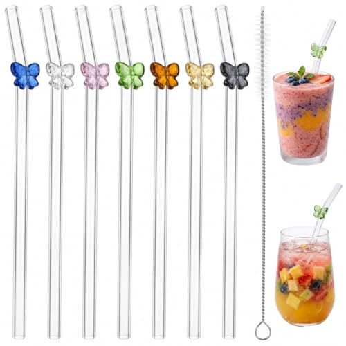 7 Pcs Reusable Glass Straws, 20cm Cute Colorful Bow Glass Straws | Clear Bent Glass Straws Drinking for Milkshakes Juice Cocktail Soda Party Drinks