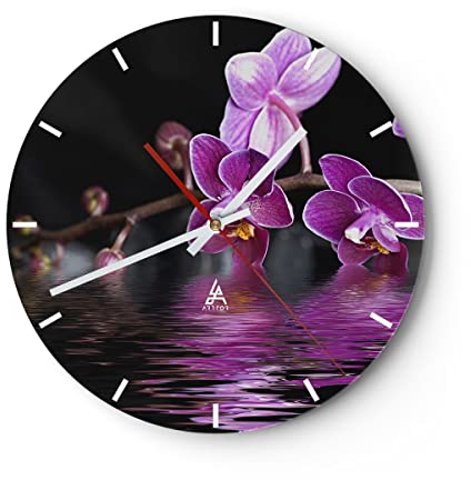 Modern Wanduhr Asien exotisch Orchidee Blume 40x40cm Rund Groß Wand Uhr Glas Analog Zimmeruhren Küche Büro Wohnzimmer Glasuhr Wall Clock Dekoration Design Wanddekoration Küchenuhr C3AR40x40-2312