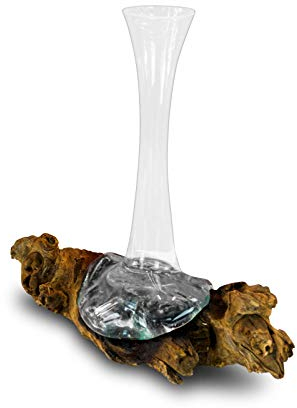 Geschmolzenes Glas auf Wurzelholz - 40 cm Vase aus Glas auf Wurzel - Teak Holz mit Glasvase oder Schale (Vase 40 x 20 cm)