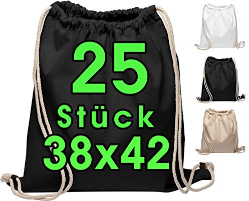 Baumwoll Turnbeutel 25 Stück 38 x 42cm Sportbeutel - Rucksack Stofftasche Bag, Beutel, Baumwollbeutel, Jutebeutel OEKO-TEX® zertifiziert Stoffbeutel Einkaufsbeutel Gym Sac Sack zum bemalen Set Schwarz