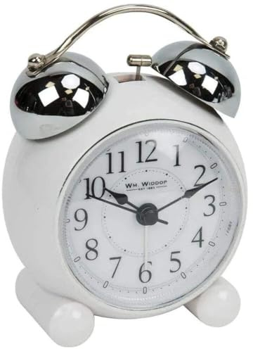Widdop White Round Retro Bell Alarm Clock, LED Push Lens Light Silent Sweep, Bedside Non Ticking Battery Powered Quartz 5150W
