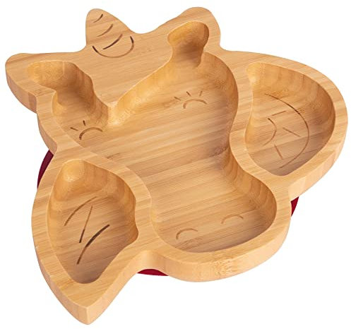 Tiny Dining pour bébé avec ventouse - Licorne - Rouge - Assiette de sevrage auto-alimentée en bambou antidérapante divisée