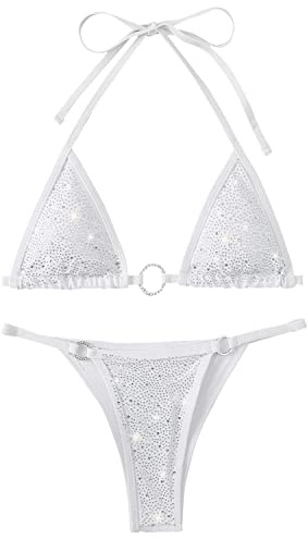 Damen-Bikini-Badeanzug-Set mit glitzernden Strasssteinen, dreieckig, O-Ring, Tanga, hoher Schnitt, 2-teiliges Bikini-Set, Weiße Strasssteine, 4-6