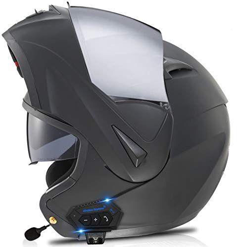 ZLYJ Casco Moto Modulare Apribile Bluetooth Anti-Appannamento Doppia Visiera Casco Integrale per Moto Locomotiva Altoparlante Integrato Cuffie Microfono Omologato ECE S,M(57-58cm)