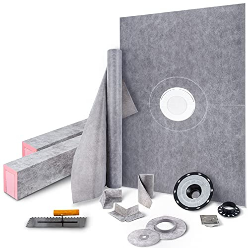 VEVOR Shower Curb Kit, 38x60 Watertight Shower Curb Overlay with 4 ABS Central Bonding Flange, 4 Stainless Steel Grate, 2 Cuttable Shower Curb and Trowel, Shower Pan Slope Sticks Fit for Bathroom
