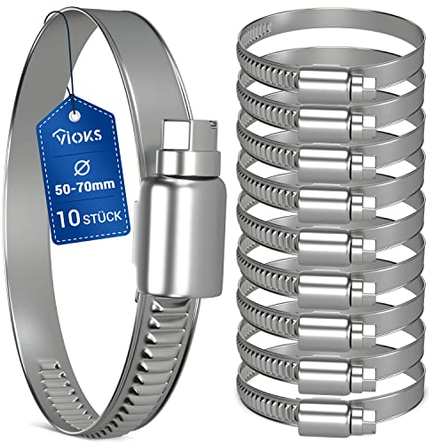 VIOKS Schlauchschellen Schelle SET 10x Schlauchschellen 50-70mm Ø/Schlauchschеllen Edelstahl / 9 mm Bandbreite/Waschmaschine Abfluss Adapter/Schlauchschеlle/Rohrschellen 50mm für Schlauch