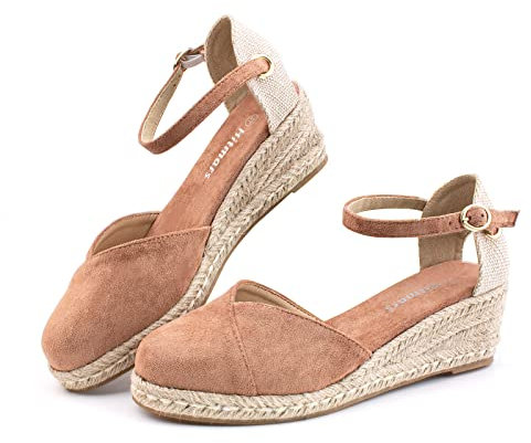 Hitmars Sandalias Mujer Verano Sandalias Cerradas Mujer Comodas Elegantes Sandalia Fiesta Heels Sandals Espadrille Correa de Tobillo Caqui EU 39