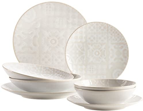 MÄSER 935079 Serie Tiles Modernes Vintage Geschirr Set für 2 Personen in maurischem Design, 8-teiliges Tafelservice mit Tellern und Schalen aus hochwertiger Keramik, Steinzeug, Weiß