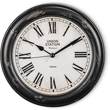 Hama Wanduhr Vintage ohne Tickgeräusche, 22 cm (Wanduhr groß im Retro Design, analog römisches Ziffernblatt, batteriebetrieben, geräuscharmes Quarz Uhrwerk für Wohnzimmer, Küche, Büro) schwarz/weiß