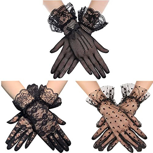 Malaxlx 3 Paar Kurze Spitze Vollfinger-Handschuhe – Elegante Hochzeits- & Partyevents für Damen