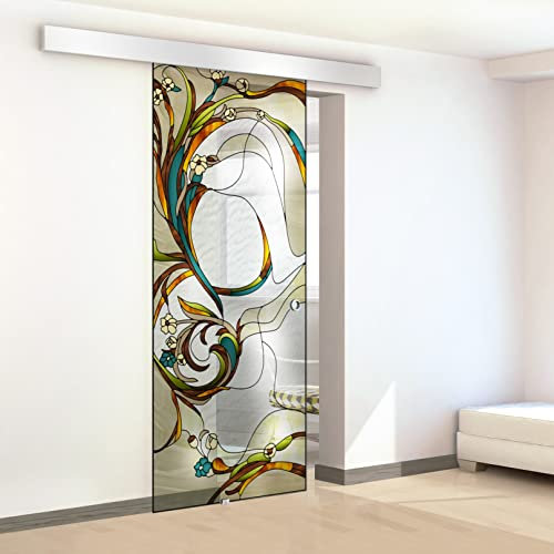 Porta scorrevole in vetro colorato dipinto a mano, modello SI giallo 95x215 cm (60/85/95 cm) 8 mm vetro trasparente, kit completo di ferramenta (95x215 cm, SINISTRA)