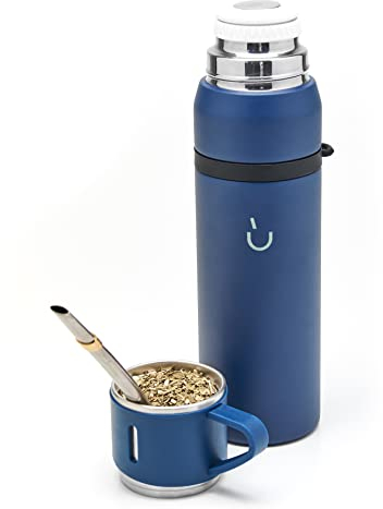 BALIBETOV Camping Thermoskanne Mate Tee Set - enthält Vakuumisoliert Mit Doppelter18/8 Edelstahl Mate Tee Becher und Thermoskanne, Bombilla(Mate Strohhalm) und Eine Reinigungsbürste (Blau)