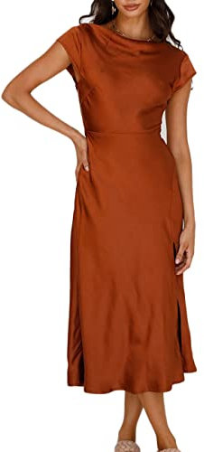 Robe d'été mi-longue en satin avec manches torsadées dos nu et col bénitier pour femme, marron, Taille XL