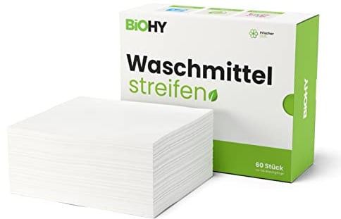 BiOHY Waschmittel Blätter (1 x 60 Stück) | Nachhaltiges UNIVERSAL Reisewaschmittel ohne Plastik | 100% biologisch abbaubares Waschpapier | Wasserlösliche Waschmittel Streifen für die Waschmaschine